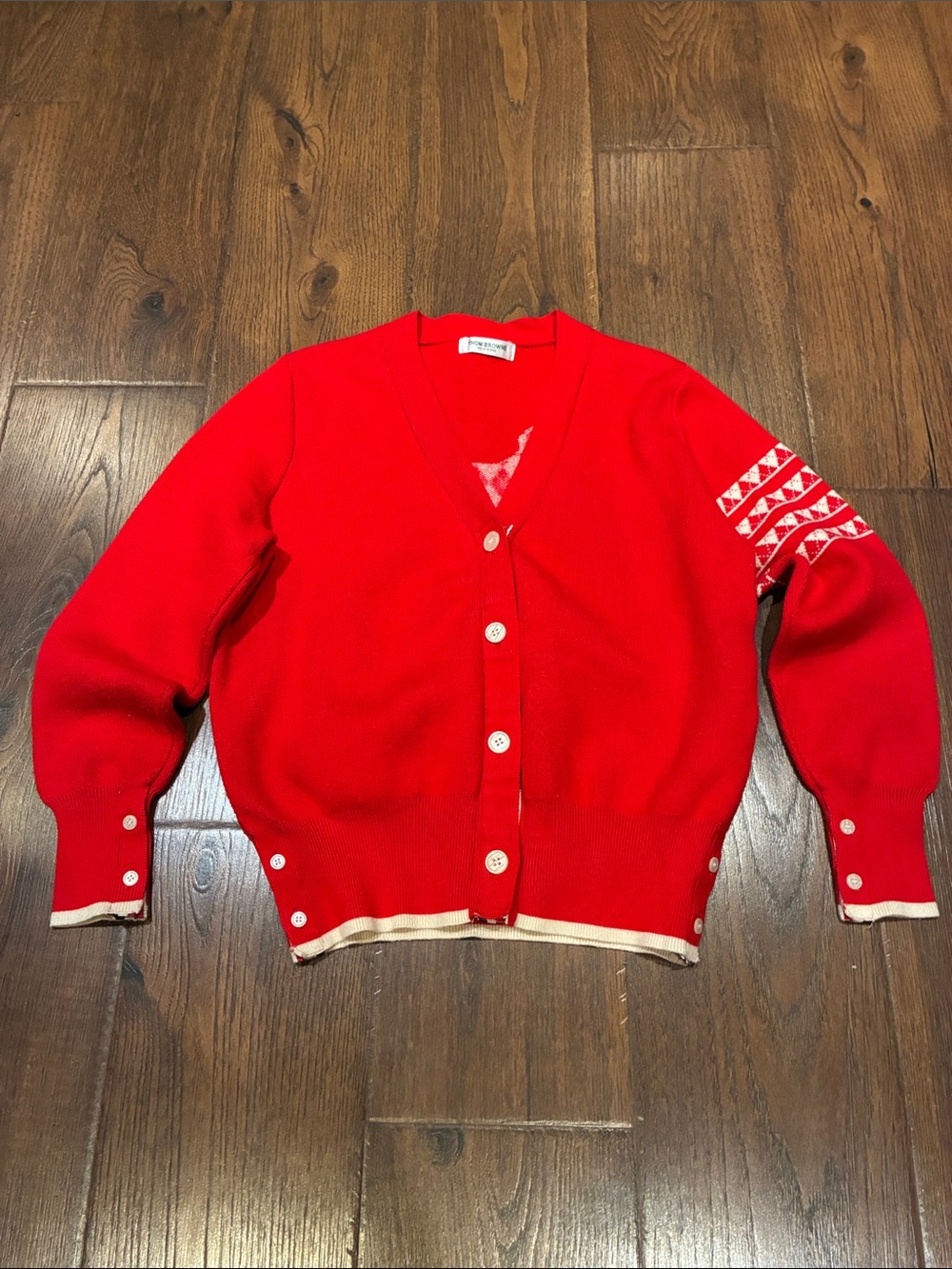 Thom Browne Red Cardigan with White Trim and Sleeve Motif